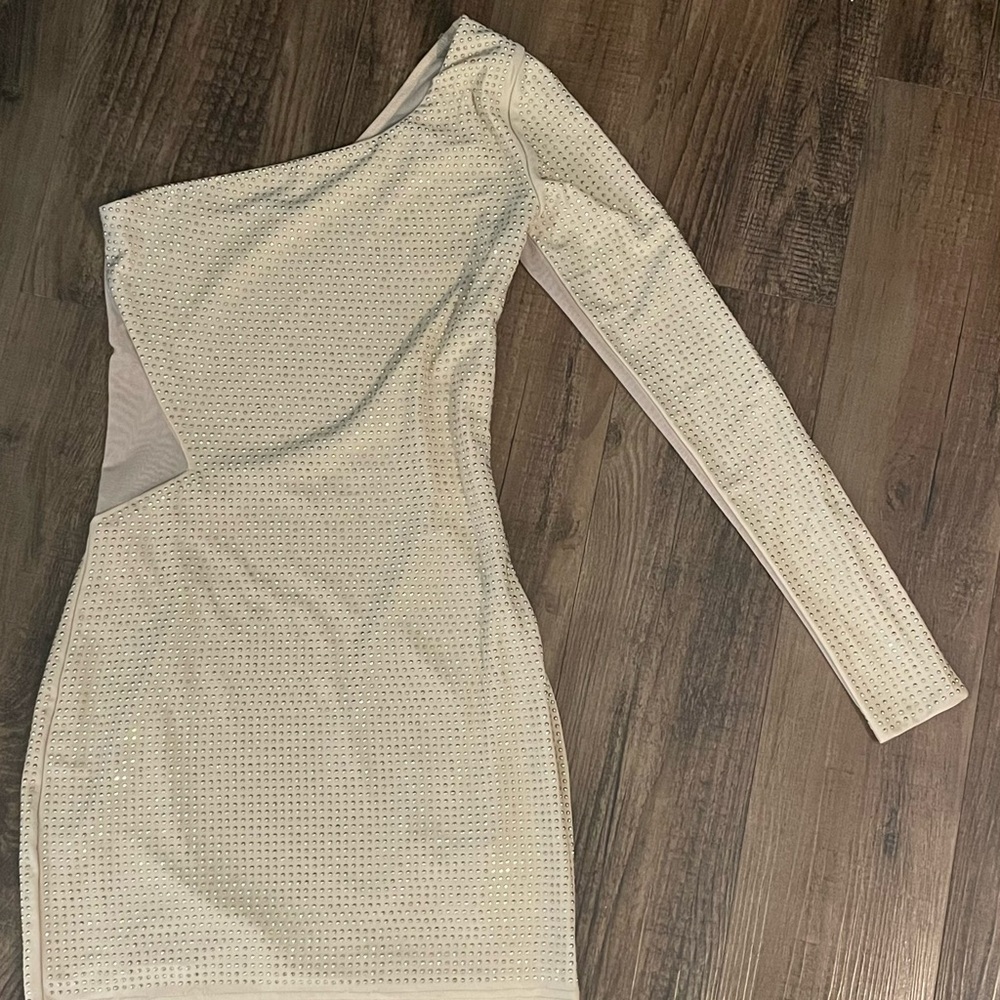 Forever 21 Cream One-Shoulder Bodycon Dress w/gold beads and sheer back/arm/side